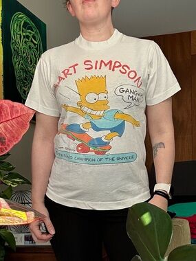 Vintage 1990 Bart Simpson The Simpsons Graphic Tee White Yellow Red Skateboard